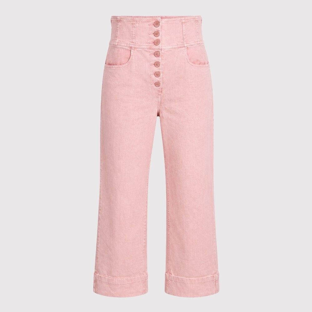 Ulla Johnson Womens Jeans Pink Denim High Rise Button Fly Crop Wide Leg Size 12